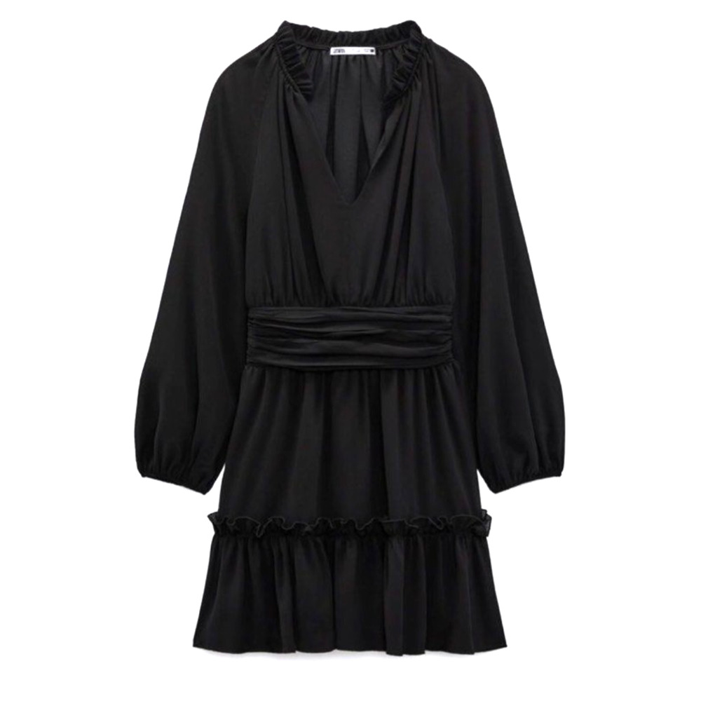Zara Womens Black Chiffon Sheer Layered Ruffle‎ Gothic Glam V Neck Mini Dress MD